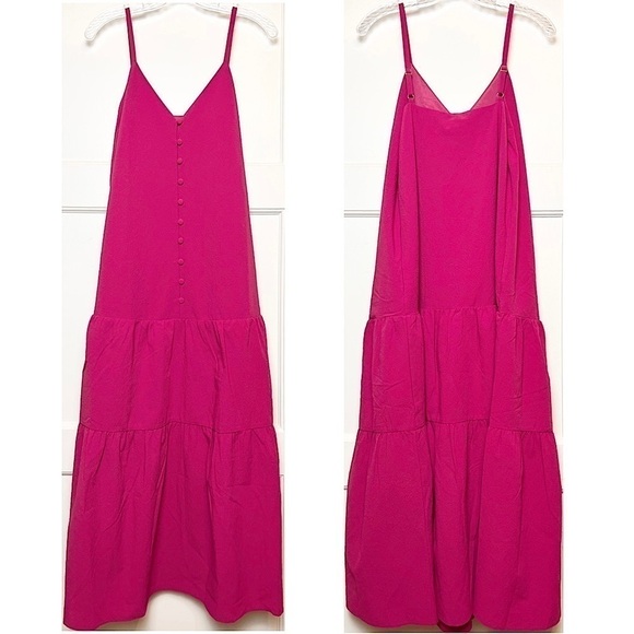 NWT TED BAKER Barbie Pink Sleeveless Button Front Tiered Ruffle Hem Midi Dress 2 - Picture 4 of 12